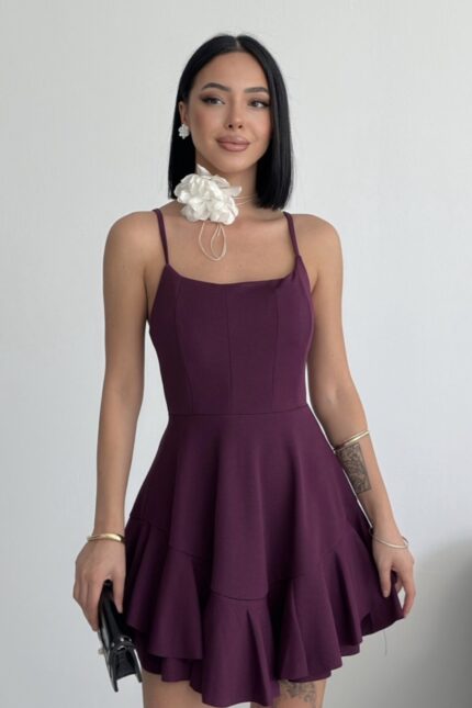 Prenses Model Askılı Mor Elbise – Mürdüm - Alfudo Moda
