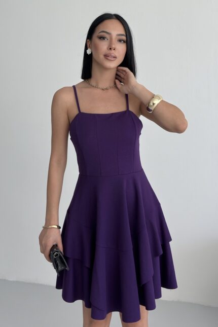 Ince Askılı Eteği Kat Detay Mor Abiye Mezuniyet Elbisesi – Mor - Alfudo Moda