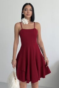 Prenses Model Askılı Bordo Elbise - Bordo