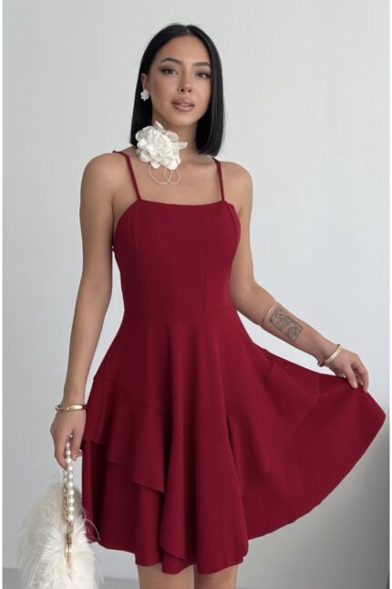 Prenses Model Askılı Bordo Elbise – Bordo - Alfudo Moda