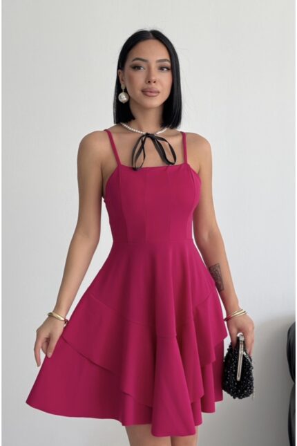 Ince Askılı Eteği Kat Detay fuşya Abiye Elbise Fuşya Mezuniyet Elbisesi – Pembe - Alfudo Moda