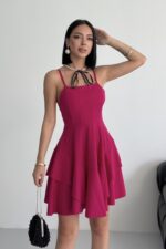 Ince Askılı Eteği Kat Detay fuşya Abiye Elbise Fuşya Mezuniyet Elbisesi - Pembe - Görsel 2