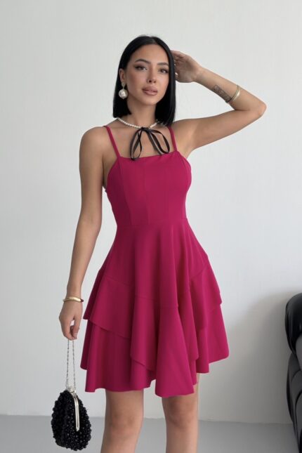 Ince Askılı Eteği Kat Detay fuşya Abiye Elbise Fuşya Mezuniyet Elbisesi – Pembe - Alfudo Moda