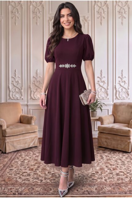 Mürdüm Karpuz Kollu Midi Boy Abiye Mezuniyet Elbise – Mürdüm - Alfudo Moda