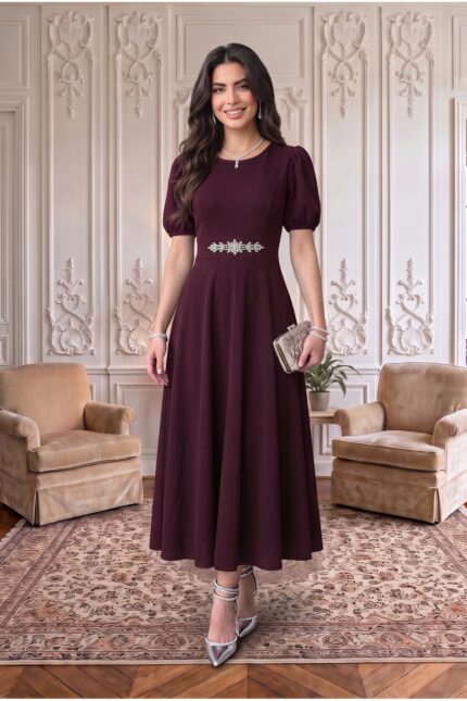 Mürdüm Karpuz Kollu Midi Boy Abiye Mezuniyet Elbise – Mürdüm - Alfudo Moda