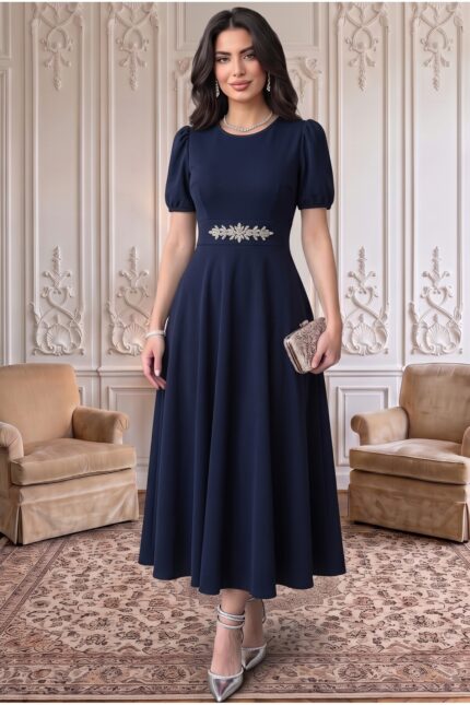 Bordo Karpuz Kollu Midi Boy Elbise – Lacivert - Alfudo Moda