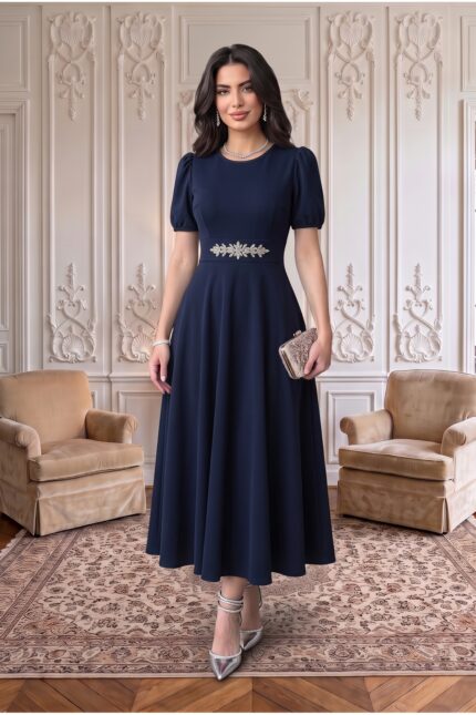 Bordo Karpuz Kollu Midi Boy Elbise – Lacivert - Alfudo Moda