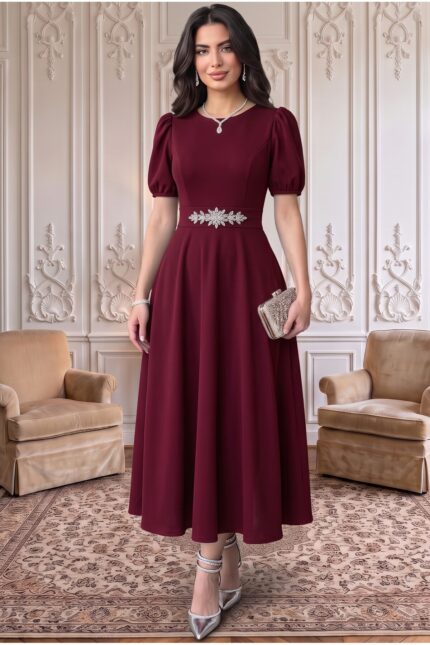 Bordo Karpuz Kollu Midi Boy Abiye Mezuniyet Elbise – Bordo - Alfudo Moda