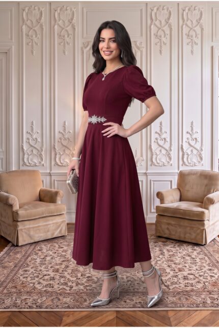 Bordo Karpuz Kollu Midi Boy Abiye Mezuniyet Elbise – Bordo - Alfudo Moda