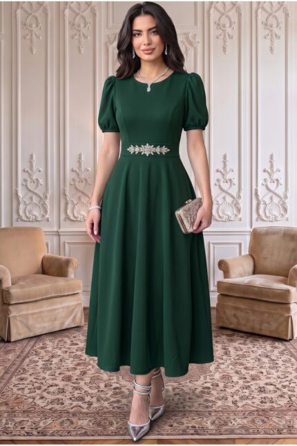 Siyah Karpuz Kollu Midi Boy Elbise – Zümrüt Yeşili - Alfudo Moda