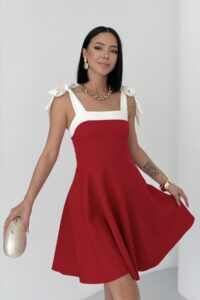 Kadın Şerit Detay Straplez Yaka Bağlamalı Askı Tasarım Beyaz Kırmızı Kloş Mini Abiye Elbise - Beyaz Kırmızı