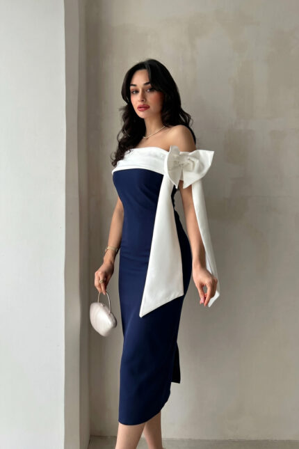 Brıanna Lacivert Beyaz Renk Midi Mezuniyet Elbisesi – Lacivert - Alfudo Moda