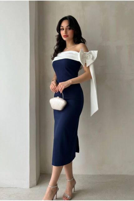 Brıanna Lacivert Beyaz Renk Midi Mezuniyet Elbisesi – Lacivert - Alfudo Moda