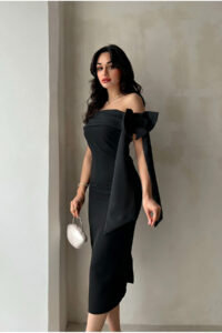 Brianna Siyah Renk Midi Kemerli Elbise - Siyah Siyah