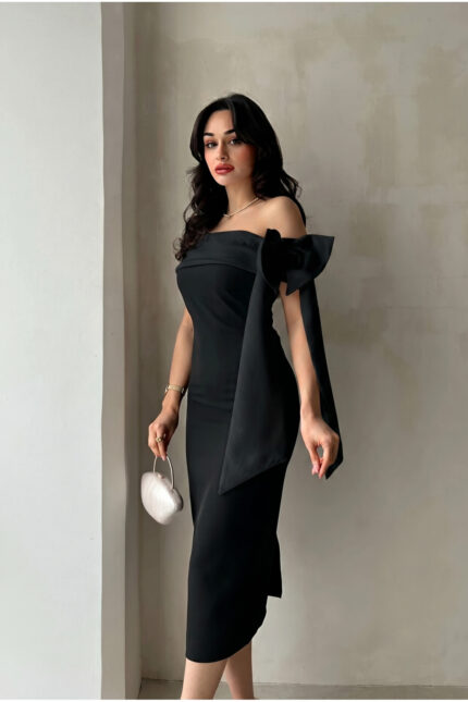 Brianna Siyah Renk Midi Kemerli Elbise – Siyah Siyah - Alfudo Moda