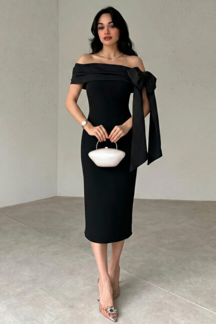 Brianna Siyah Renk Midi Kemerli Elbise – Siyah Siyah - Alfudo Moda
