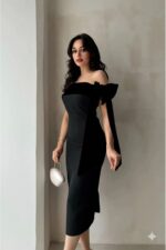 Brianna Siyah Renk Midi Kemerli Elbise - Siyah Siyah - Görsel 4