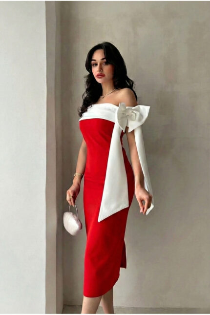 Brıanna Çift Renk Midi Kemerli Elbise – Kırmızı - Alfudo Moda