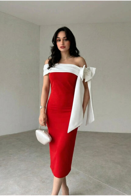 Brıanna Çift Renk Midi Kemerli Elbise – Kırmızı - Alfudo Moda