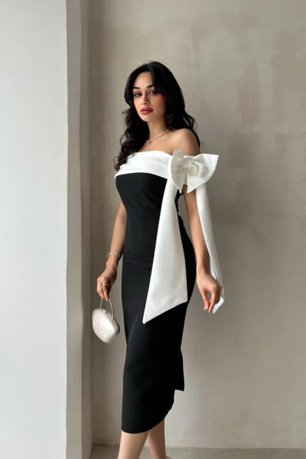 Brıanna Çift Renk Midi Kemerli Elbise – Siyah Beyaz - Alfudo Moda