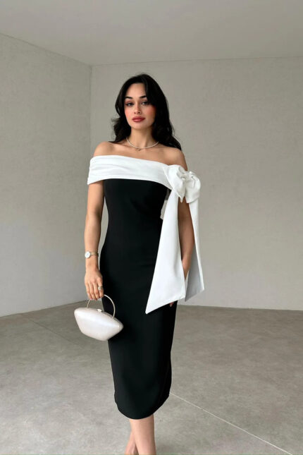 Brıanna Çift Renk Midi Kemerli Elbise – Siyah Beyaz - Alfudo Moda