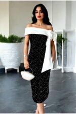 Brıanna Çift Renk Puantiyeli Taş kumaş Midi Elbise - Siyah Taşlı - Görsel 2