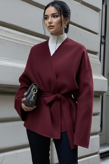 Bordo Bağlama Detaylı Rahat Kalıp Kaşmir Hırka/Ceket – Bordo - Alfudo Moda