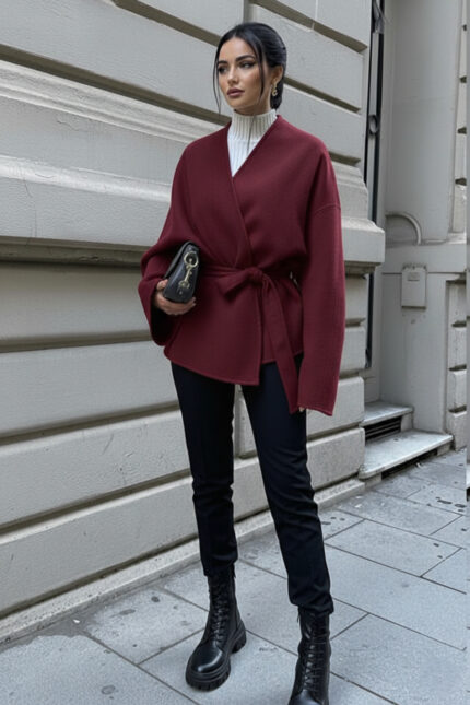 Bordo Bağlama Detaylı Rahat Kalıp Kaşmir Hırka/Ceket – Bordo - Alfudo Moda