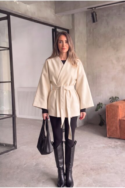 Bağlama Detaylı Rahat Kalıp Kaşmir Hırka/Ceket – Kavun - Alfudo Moda