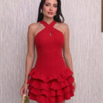 Çapraz Halter Yaka Katlı Fırfır Detaylı Mini Abiye/Mezuniyet Elbise - Kırmızı