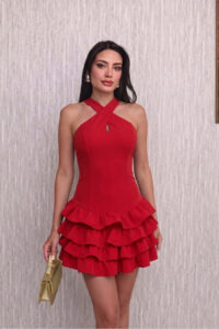 Çapraz Halter Yaka Katlı Fırfır Detaylı Mini Abiye/Mezuniyet Elbise - Kırmızı