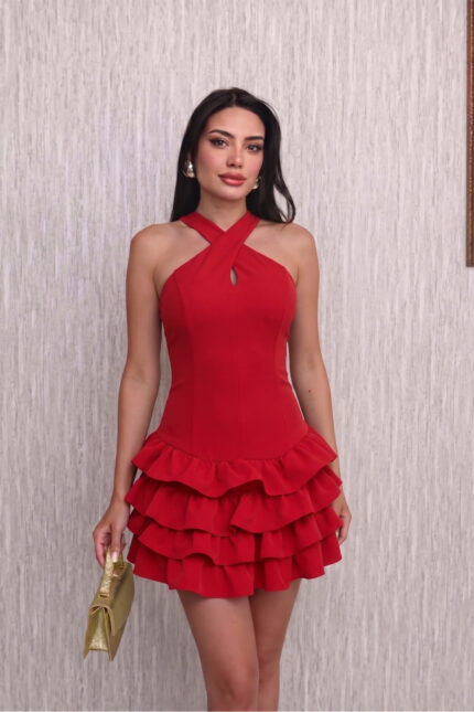 Çapraz Halter Yaka Katlı Fırfır Detaylı Mini Abiye/Mezuniyet Elbise – Kırmızı - Alfudo Moda