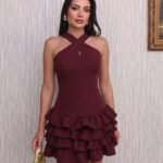 Bordo Çapraz Halter Yaka Katlı Fırfır Detaylı Mini Abiye/Mezuniyet Elbise - Bordo