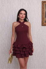 Bordo Çapraz Halter Yaka Katlı Fırfır Detaylı Mini Abiye/Mezuniyet Elbise - Bordo