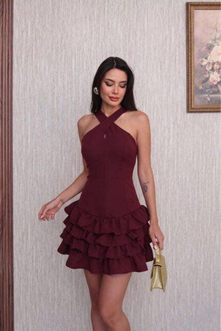 Bordo Çapraz Halter Yaka Katlı Fırfır Detaylı Mini Abiye/Mezuniyet Elbise – Bordo - Alfudo Moda