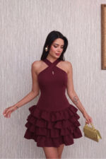 Bordo Çapraz Halter Yaka Katlı Fırfır Detaylı Mini Abiye/Mezuniyet Elbise - Bordo - Görsel 3
