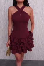 Bordo Çapraz Halter Yaka Katlı Fırfır Detaylı Mini Abiye/Mezuniyet Elbise - Bordo - Görsel 4