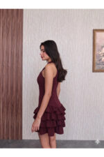 Bordo Çapraz Halter Yaka Katlı Fırfır Detaylı Mini Abiye/Mezuniyet Elbise - Bordo - Görsel 5