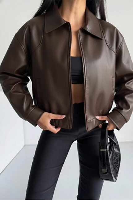 Deri Bomber Deri Ceket – Kahverengi - Alfudo Moda