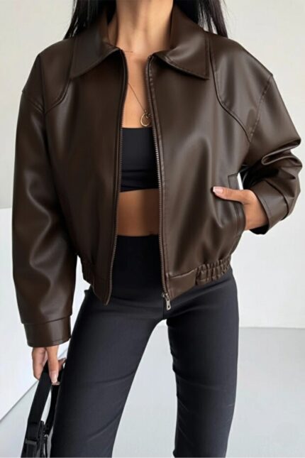 Deri Bomber Deri Ceket – Kahverengi - Alfudo Moda