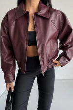 Yeni Sezon Kadın Bomber Deri Ceket - Bordo