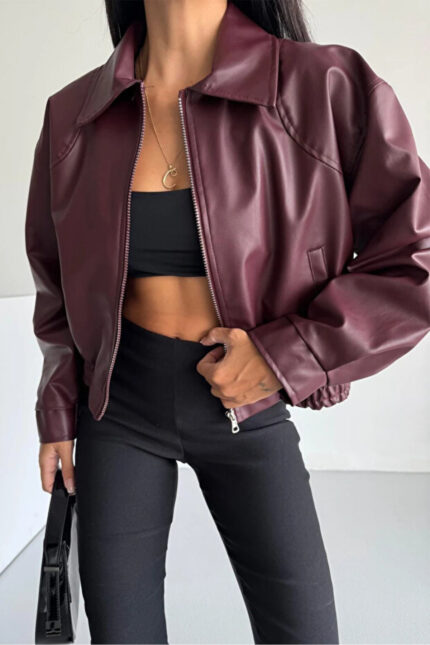 Yeni Sezon Kadın Bomber Deri Ceket – Bordo - Alfudo Moda