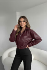Yeni Sezon Kadın Bomber Deri Ceket - Bordo - Görsel 4