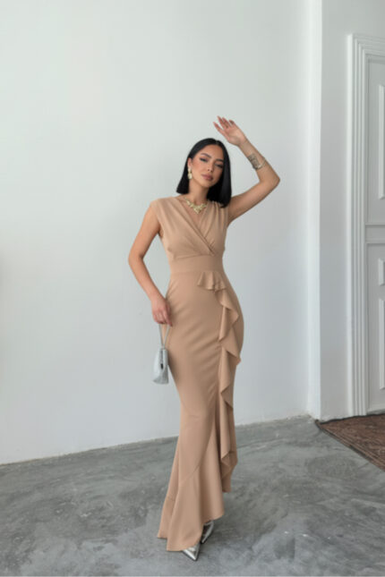 Kadın Scuba Krep Kumaş Kruvaze Yaka Eteği Volanlı Abiye Bej Mezuniyet Nikah Elbise – Bej - Alfudo Moda