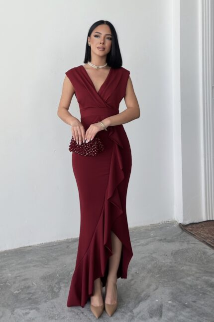 Kadın Scuba Krep Kumaş Kruvaze Yaka Eteği Volanlı Abiye Mezuniyet Mor Nikah Elbise – Bordo - Alfudo Moda