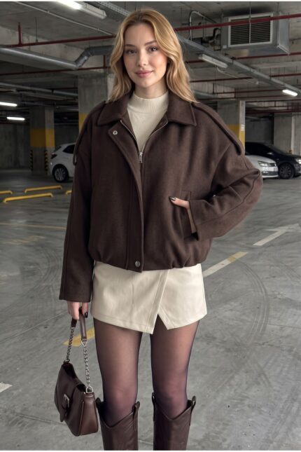 Kadın Oversize Kaşe Bomber Ceket – Yeni Sezon Trend Ceket – Açık Kahve - Alfudo Moda
