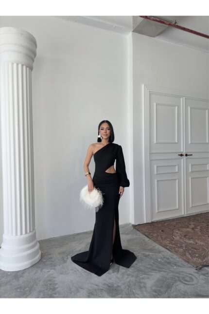 Tek Kol Gece Elbisesi Siyah Abiye – Siyah - Alfudo Moda
