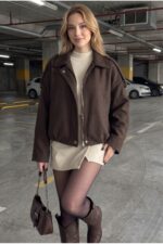 Kadın Oversize Kaşe Bomber Ceket - Yeni Sezon Trend Ceket - Açık Kahve - Görsel 3