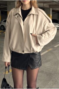 Kadın Oversize Kaşe Bomber Ceket - Yeni Sezon Trend Ceket - Krem