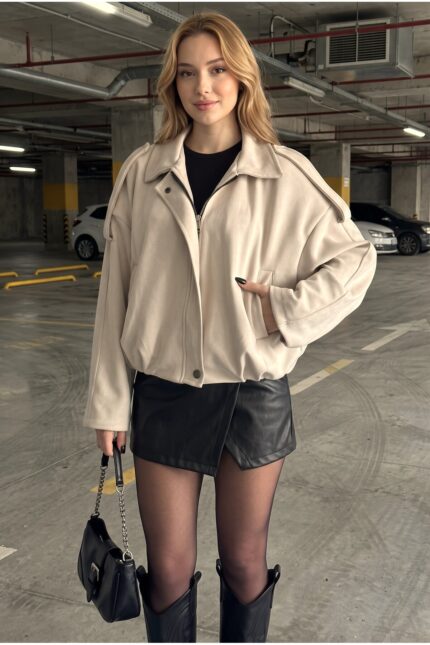 Kadın Oversize Kaşe Bomber Ceket – Yeni Sezon Trend Ceket – Krem - Alfudo Moda